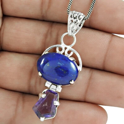 Naturel Lapis Lazuli Gemme Améthyste Fête Porter Pendentif 925 Argent Bijoux E8 - Photo 1/4