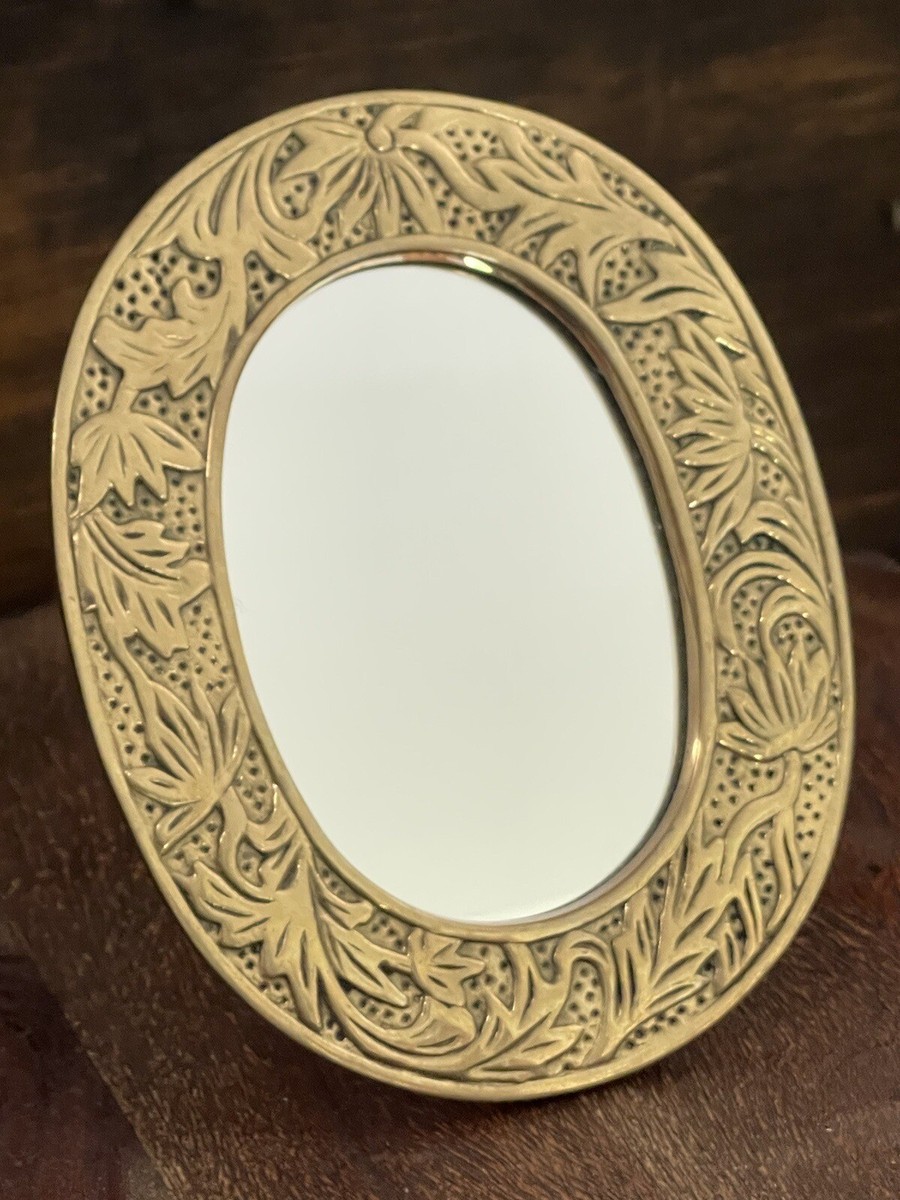 Vintage 6 inch Brass Standing Mirror with Floral Design, Vanity