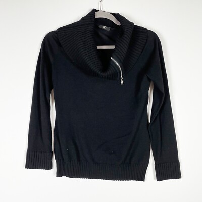 Bogner Women's Wool Knit Stretch Zipper Foldover Turtleneck Neck Sweater Black 6