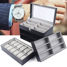 Watch Box Leather Display Case Organizer 24 Slots Glass Jewelry Storage Men NEW