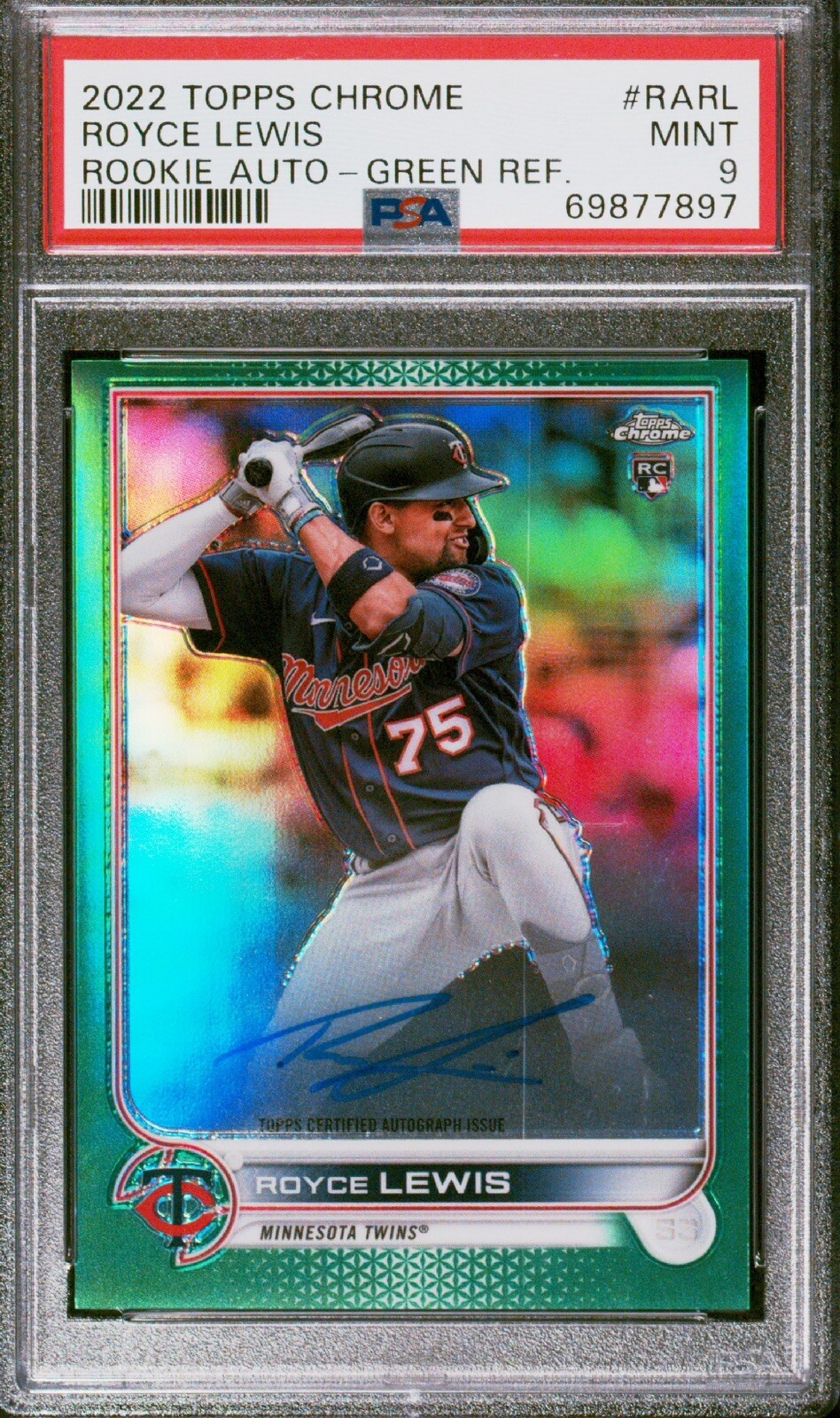 2022 TOPPS CHROME ROYCE LEWIS TRUE GREEN REFRACTOR AUTO /99 PSA 9 RC ROOKIE
