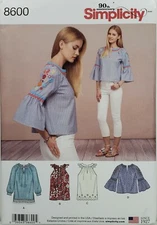Simplicity 8600 Boho Peasant Top w Sleeve Variations CHOOSE SIZE UNCUT Pattern