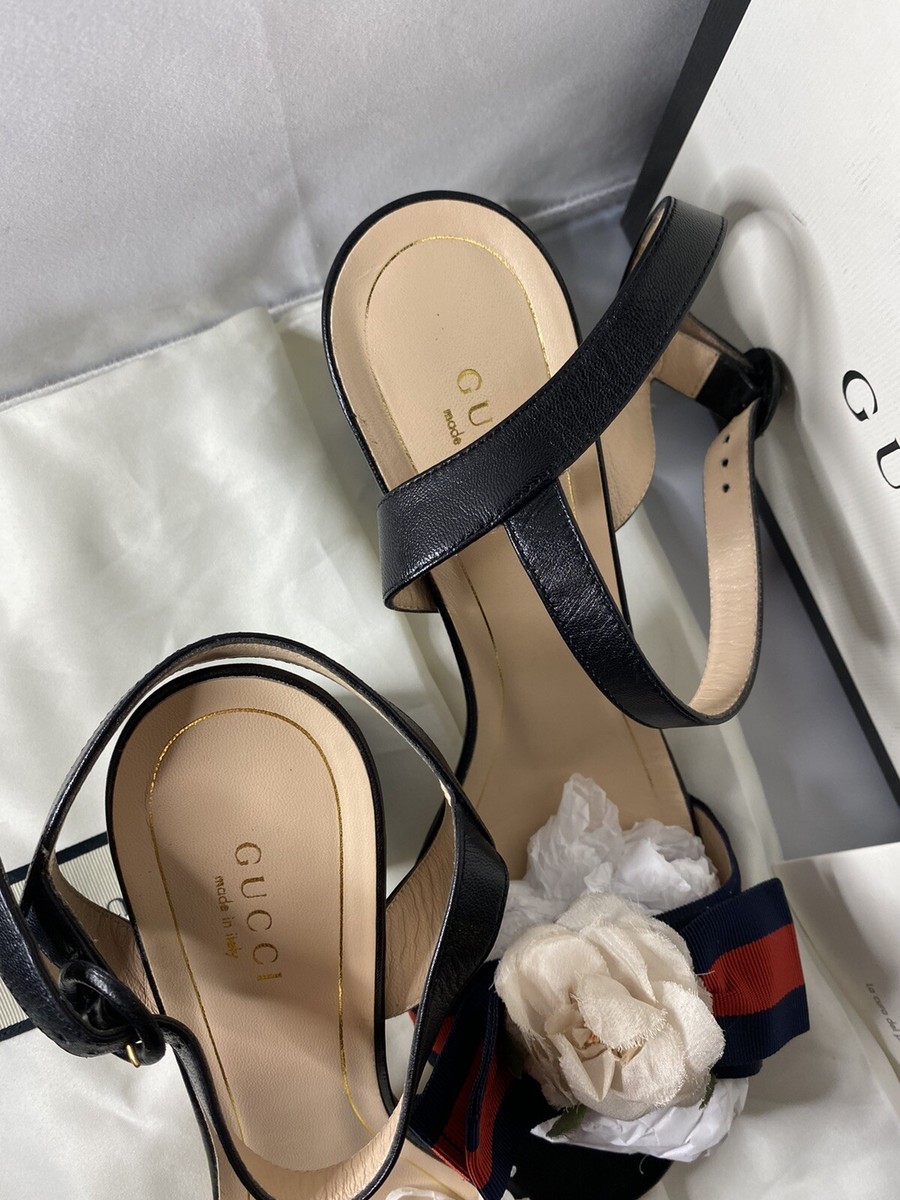 Gucci Malaga Kid Nero Bow Flower Sandals Block Heels Size