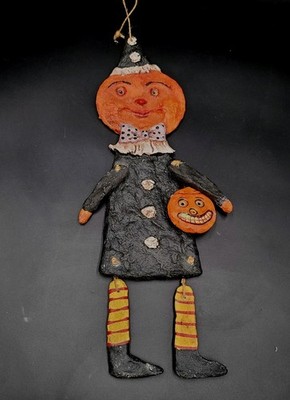 Retired Debra Schoch Halloween Pumpkin Girl Paper Mache W/ Candy Bucket 18''×5''×1