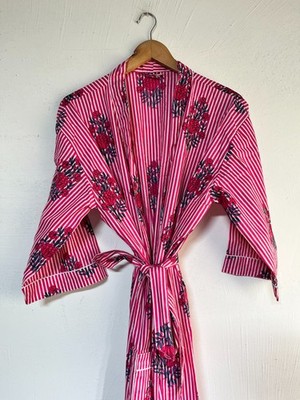Indian Pink Floral Cotton Robe Long Kimono Sleepwear Night Suit Kimono Bathrobe