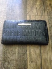 STEVE MADDEN Wristlet Black leather embossed logo purse small clutch 8.5x5