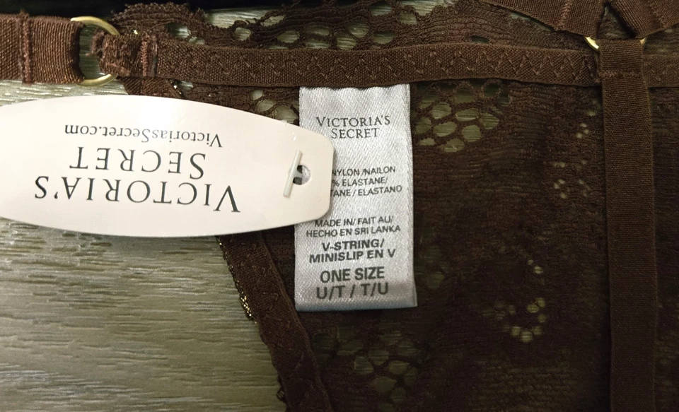 Bragas vintage Victoria's Secret bronce brillante logotipo encaje tanga en V O/S nuevas con etiquetas Foto 3 de 3