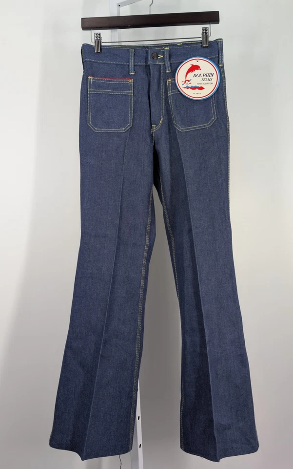 Vintage 70s Bell Bottom Indigo Denim Jeans Hippy NWT 28 31 Flare Rockabilly - Image 2 of 4