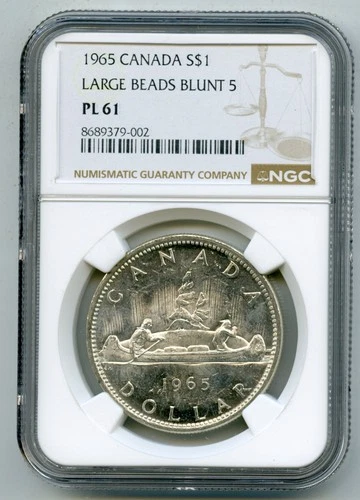 1965 S$1 CANADA SILVER VOYAGEUR NGC PL61 LARGE BEADS BLUNT 5 PROOF LIKE DOLLAR