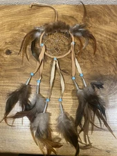 Beautiful Authentic Alaskan Dream Catcher- Leather, Feather And Fur 4” Diameter