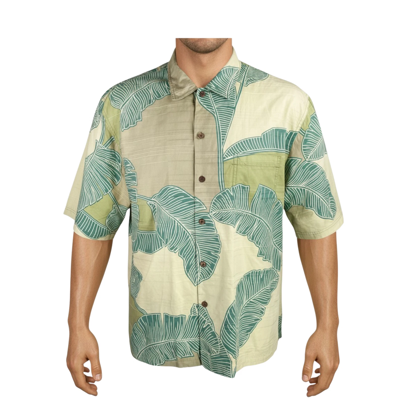 Tommy Bahama Hawaiian Aloha Shirt Large Tropical Leaf Fronds Pale Yellow Green