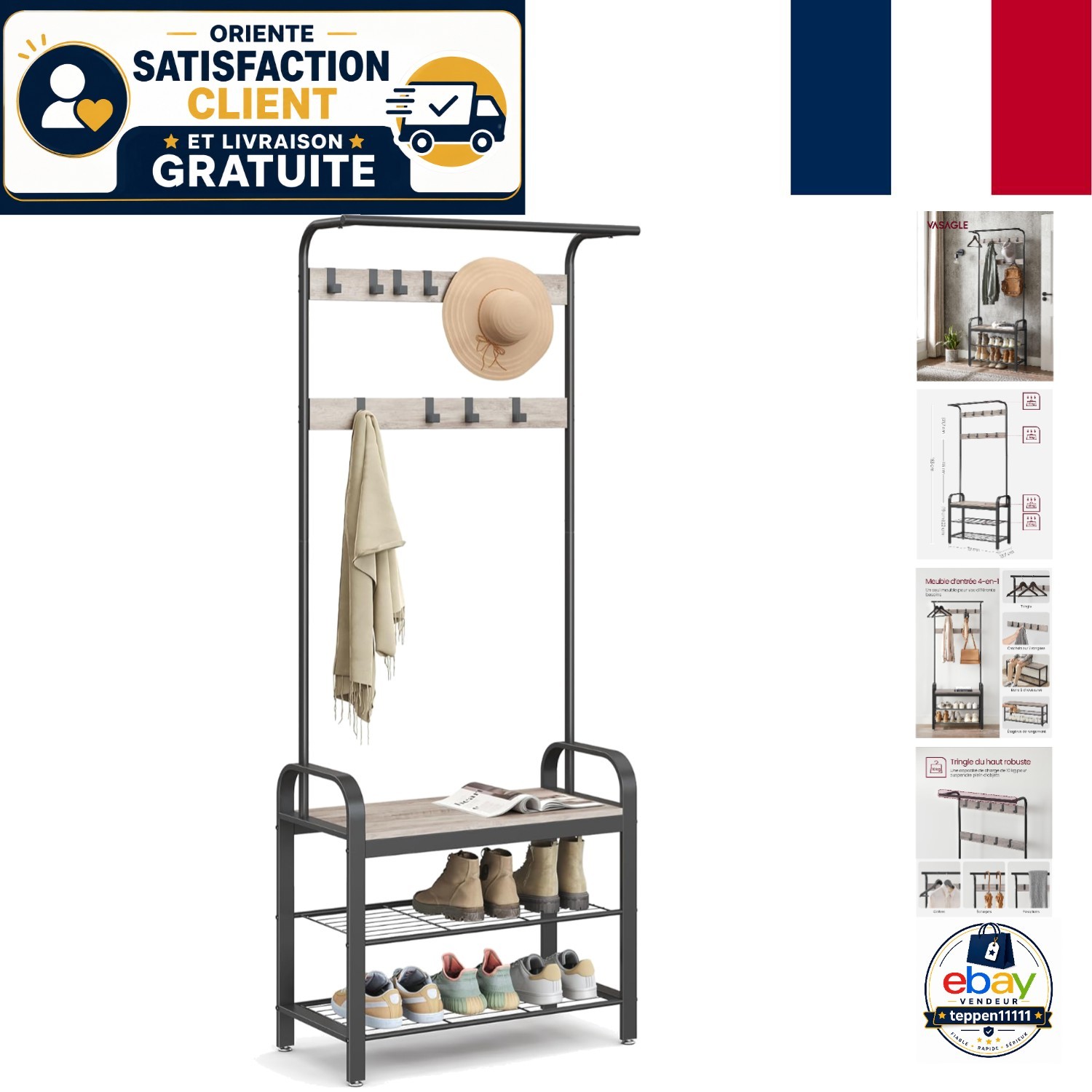 Porte-manteau industriel 4-en-1 grège noir avec étagère à chaussures et banc d'entrée