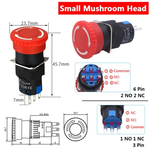 16mm Push Button E-STOP Switch Emergency Stop Button Latching 5A 250V NO NC IP54 - Picture 8 of 10