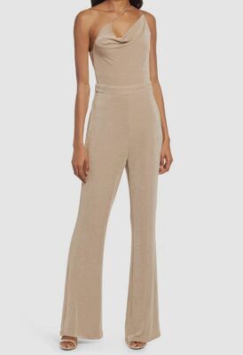 $317 Misha Womens Brown Metallic Shoulder Strap Cowl Neck Jumpsuit Size 8