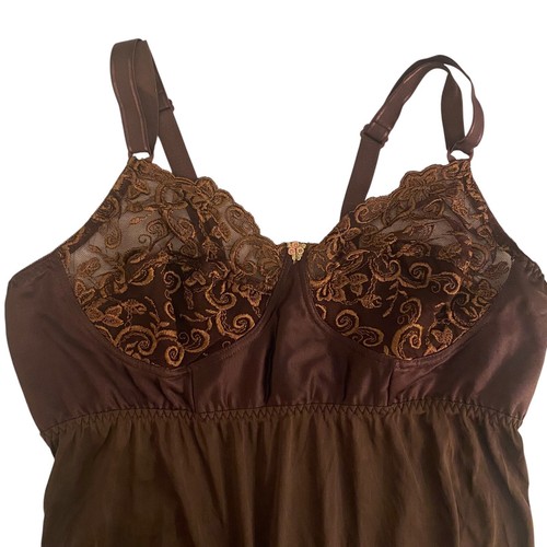 Vintage Silky Nylon Full Dress Slip Embroidery Chantilly Lace Medium Brown - Picture 4 of 19