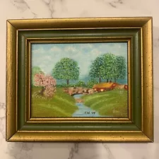 Vintage Framed Landscape Painting Bridge Trees Evelyn Wiegand Illinois Artist