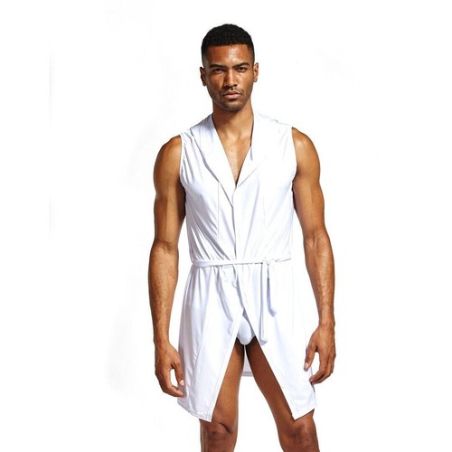 Mens S-4XL Sexy Robe Hooded Cool Sleeveless Sleepwear Silk Pajamas Bathrobe - Picture 5 of 15