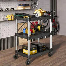 Foldable Utility Service Cart 3 Shelf 240LBS Portable Rolling Collapsible Cart