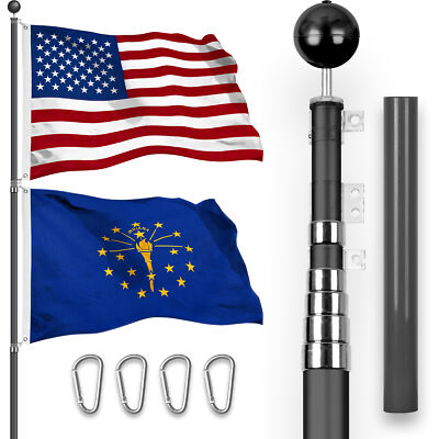 20 Ft Telescoping Flagpole Black & American and Indiana Flags Spun 3x5 Ft