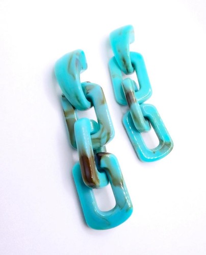GORGEOUS Chunky Blue Brown Marble Resin Lucite Links Chain Dangle Post Earrings - Picture 3 of 8