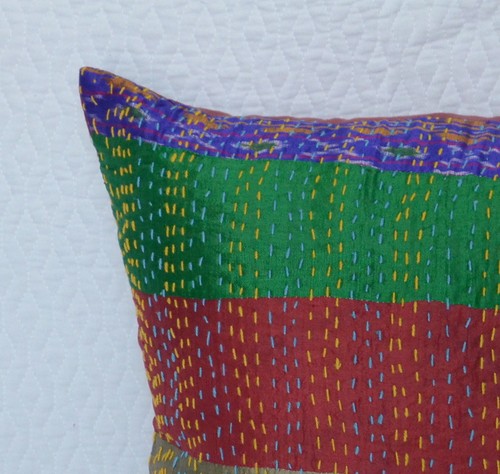 Indian Multi Patchwork Silk Cushion Cover Kantha Stitch Home Decor Pillow Sham - Picture 2 of 4