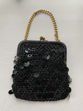 Vintage Black Sequin Discs Evening Cocktail Bag W/Gold Tone Chain Made In France