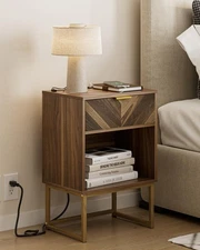 Nightstand with Charging Station,Modern Night Stand Boho Farmhouse Wood Bedsi...