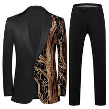 Men's Slim Fit 2-Piece Sequin Tuxedo Suit - Black Prom Wedding Jacket Pants