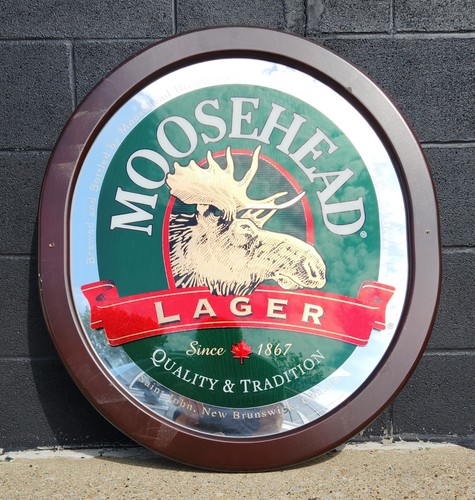 MOOSEHEAD LAGER BEER GIANT WOOD FRAMED MIRROR BAR PUB BARBACK SIGN 33" x 29"