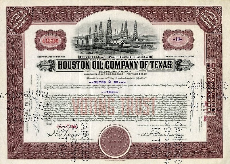 1944 Houston Oil Co of Texas Stockl Certificate