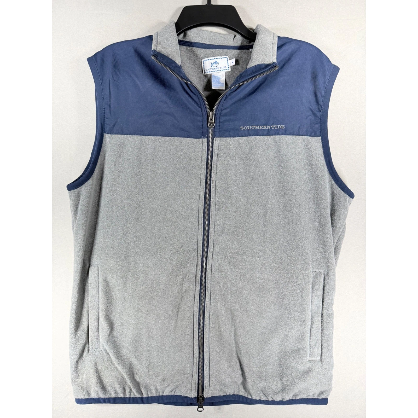 Southern Tide Mens Fleece Vest Gray Navy Blue Full Zip Colorblock Size Medium