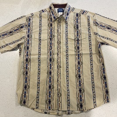Vintage Wrangler Shirt Mens 2XL Tan Western S/S Pearl Snap Tribal Aztec Striped