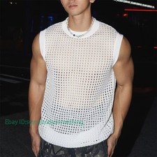 Men Mesh Fishnet See Through Sleeveless Tank Tops Casual T Shirts Muscle Shirts