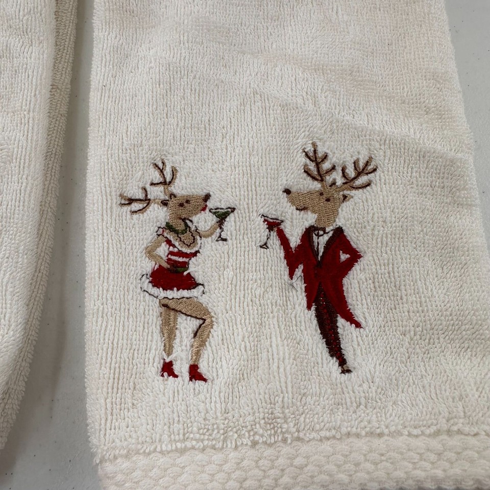 Casaba Embroidered Holiday Cheer Cotton Hand Towels 28"x16" Set Of 2