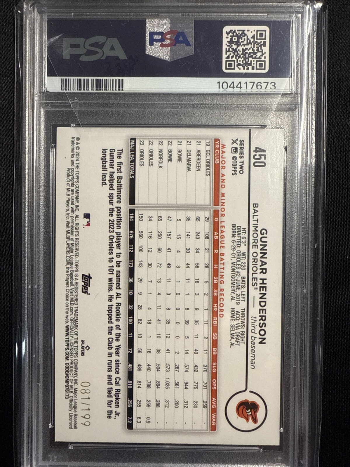🔥💥2024 Topps - Gunnar Henderson #450 Red Foil /199💥🔥 PSA 10 view 2