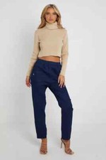 Women Ladies Full Length Cotton Stretch Trousers Casual Elastic Waist Pants UK
