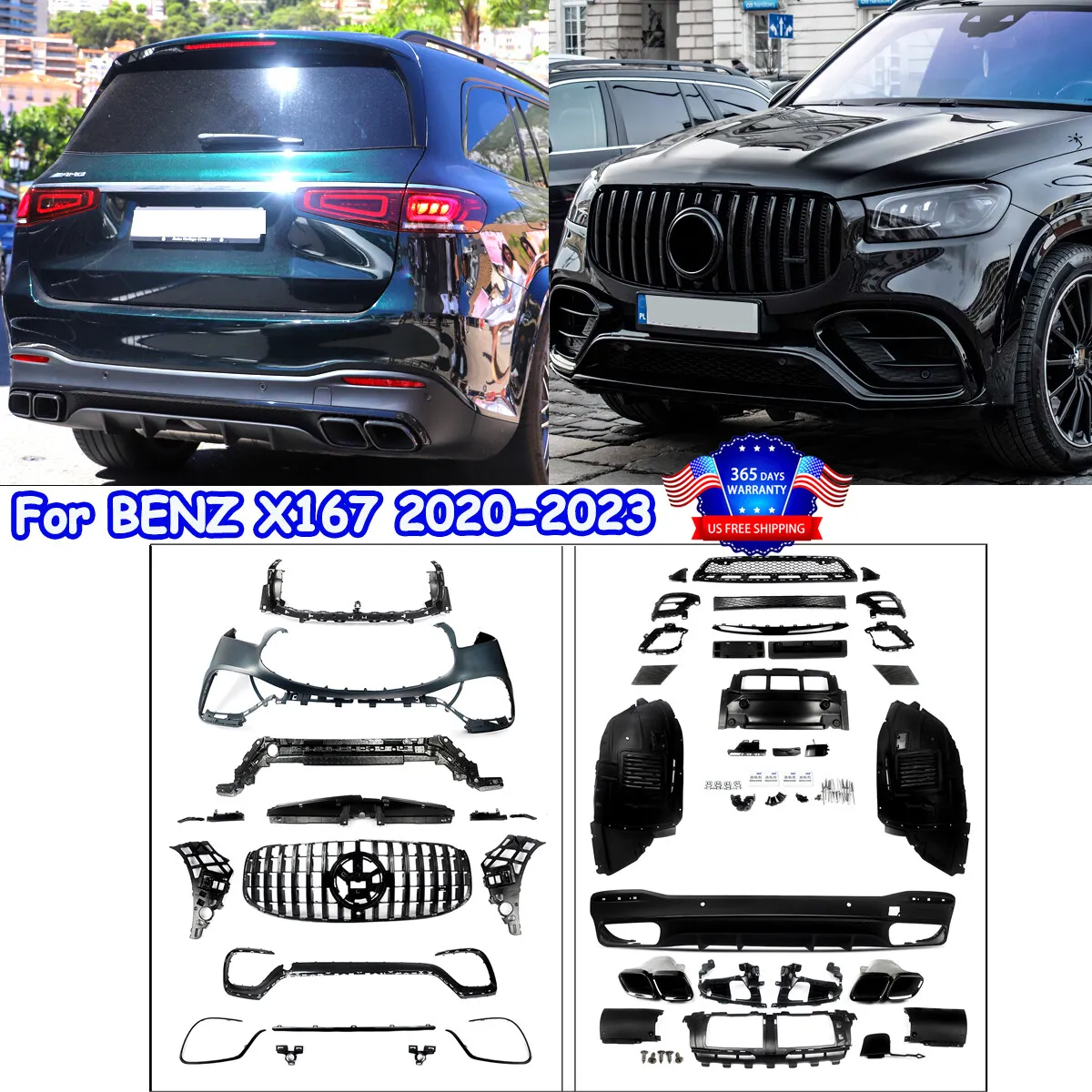 For MERCEDES BENZ GLS X167 GLS63 AMG 2020-2023 Front Grille+Rear Bumper  Body Kit