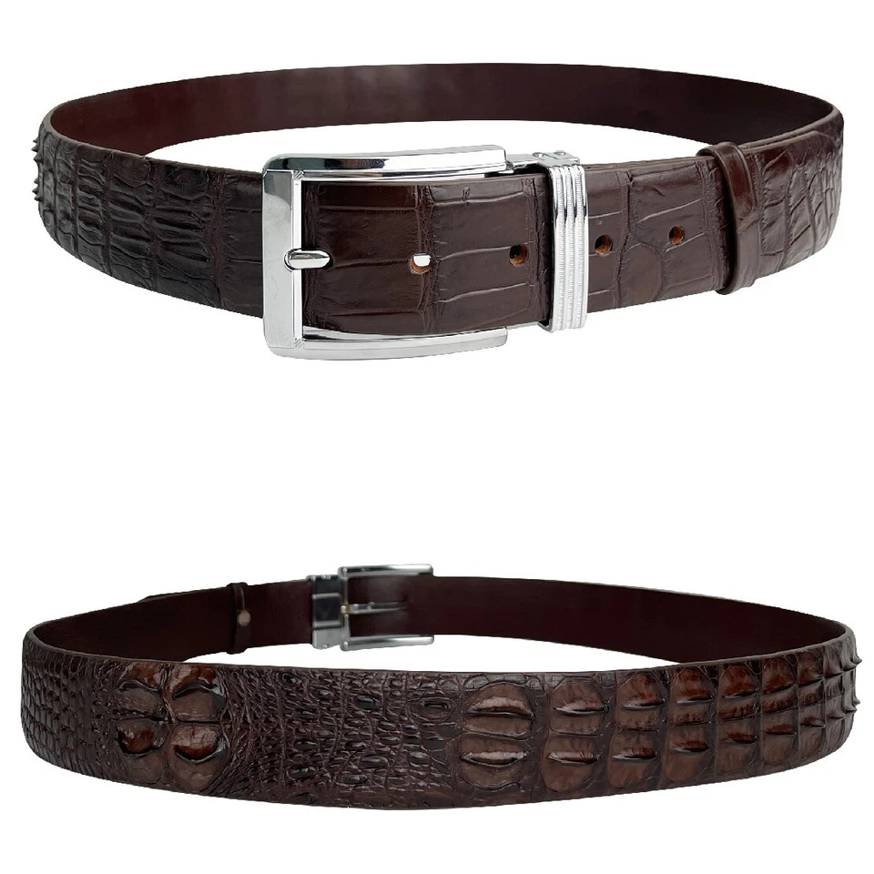 Cinturón de piel de cocodrilo real marrón con espalda de cuerno para hombre W 1,5" sin articulaciones Foto 3 de 4