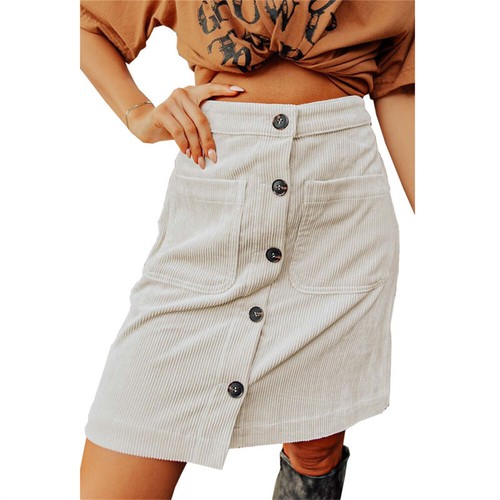 Damen Cord Röcke Herbst Winter Hohe Taille Knopfleiste A-Linie Kurz Minirock - Bild 7 von 56