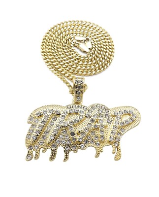 Hip Hop Iced Drip TRAP Pendant & 18'' 20'' 24'' Cuban Box Rope Chain Bling Necklace