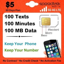 Speedtalk 5 Preloaded SIM Card Kit Talk Text 5G/4G LTE Data Phone Plan 30-Days