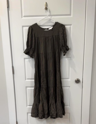 Bohme green gathered layered dress lined size XS embroidered trim | eBay