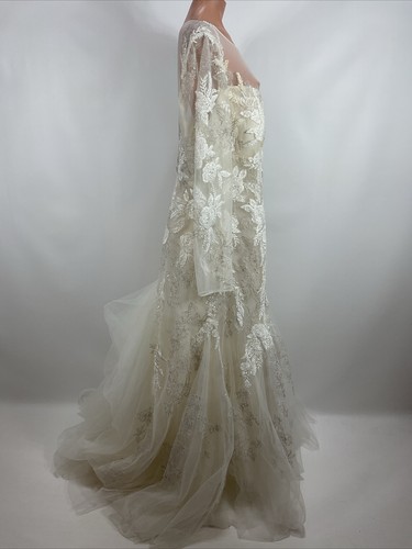 Oleg Cassini Illusion Beaded Lace Wedding Dress 24W Long Sleeve Gown 8CWG844 - Picture 7 of 12