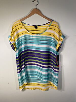 NWT Rafaella Womens L Top Shirt Short Sleeve Bright Striped Poly Summer Yellow