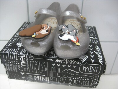 MINI MELISSA SCHUHE LADY & THE TRAMP Kleinkind 6,5 US7 Silber Glitzer Disney