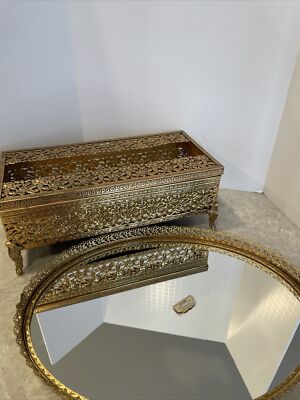 2 pc 24KT GOLD PLATED FILIGREE VANITY DRESSER SET TRAY & Tissue Box