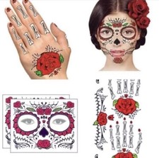 Temporary Tattoo Face And Hand Sugar Skull Day of the Dead Halloween Mask