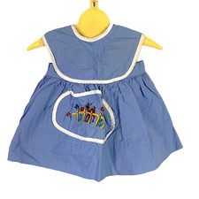 Vintage 50s 60s Handmade Baby Deer Embroidered Blue White Baby Dress Chest 15"