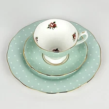 Royal Albert - Polka Rose - 1x Mint Green Teacup, Saucer, and Dessert Plate Set