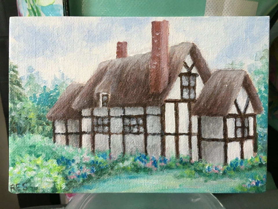 Casa de campo inglesa, pintura, Cotswolds, shabby chic, jardín, floral, arte original, verde Foto 3 de 4